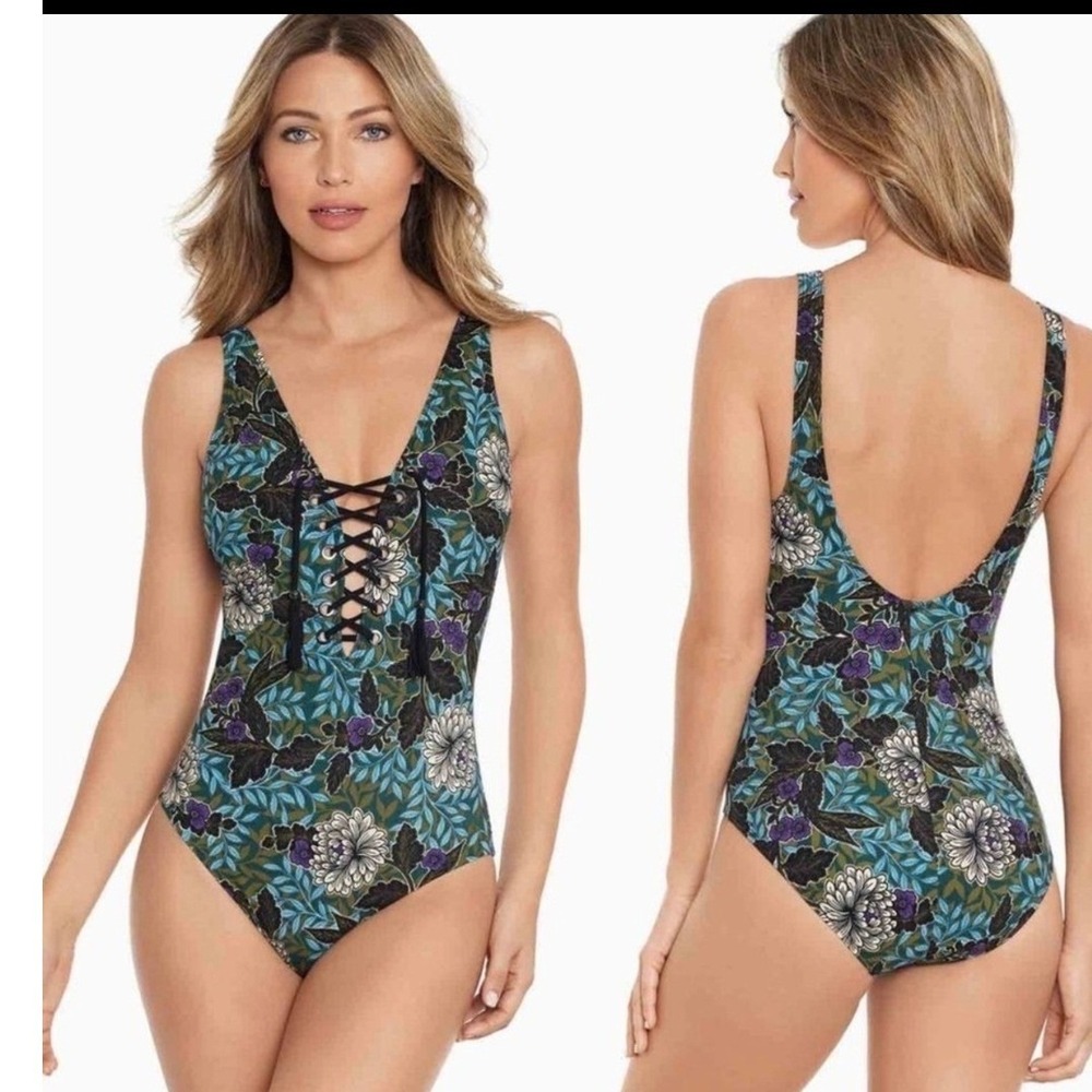 AMORESSA Floral Halter Knot One Piece Swimsuit Women's Teal Purple